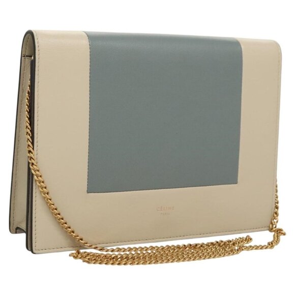 Authentic CELINE Chain Shoulder Bag Leather Gray Gold